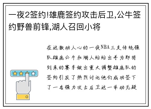 一夜2签约!雄鹿签约攻击后卫,公牛签约野兽前锋,湖人召回小将