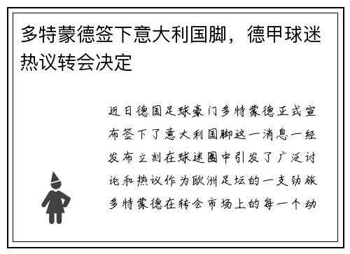 多特蒙德签下意大利国脚，德甲球迷热议转会决定